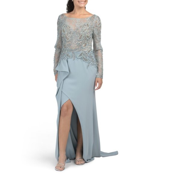 TERANI COUTURE Tops - TERANI COUTURE Powder Blue Long Sleeve Lace Top Gown